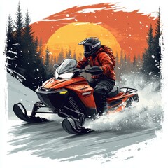 Snowmobiler rides through snowy landscape at sunset in a vibrant winter scene with trees and mountain backdrop