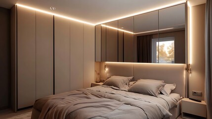Stylish apartment bedroom with wall-length wardrobe, built-in mirror lighting, and sleek modular design