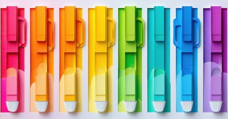 Fototapeta premium Colorful paper clips arranged neatly. Bright hues create vibrant, playful display. Simple office supplies, artistic arrangement.