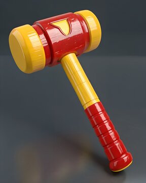 A cartoon red and yellow hammer isolated on white background in 3d render
