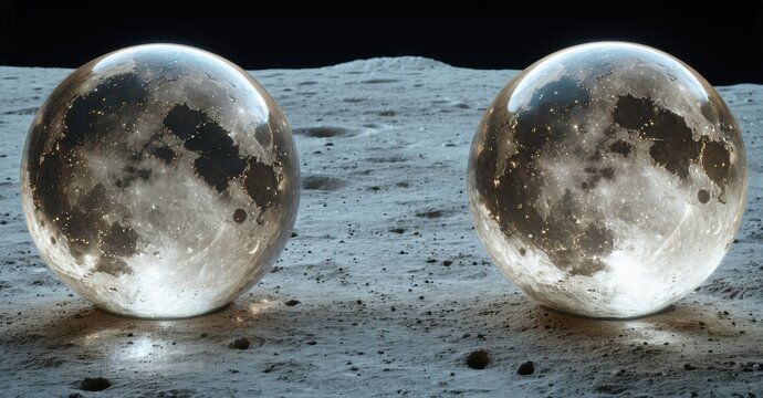 Two spherical objects reflect lunar surface. Dark background emphasizes glowing orbs, creating surreal scene. Texture details visible.