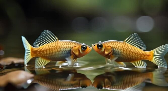 4K cinematic footage of killifish parent and baby fry exploring aquatic plants filmed in detailed underwater nature video

