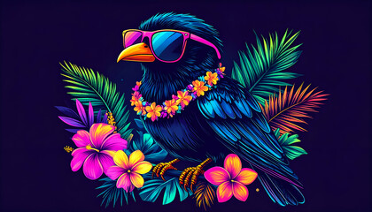 Cool tropical bird with vibrant pink sunglasses and a colorful lei surrounded by exotic foliage.
