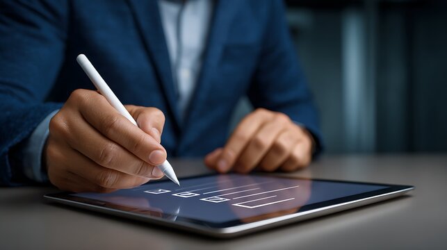 Close up of a businessman in a blue suit using a stylus to interact with a digital checklist on a tablet screen