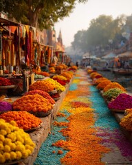 Colorful Flower Market along a River in India