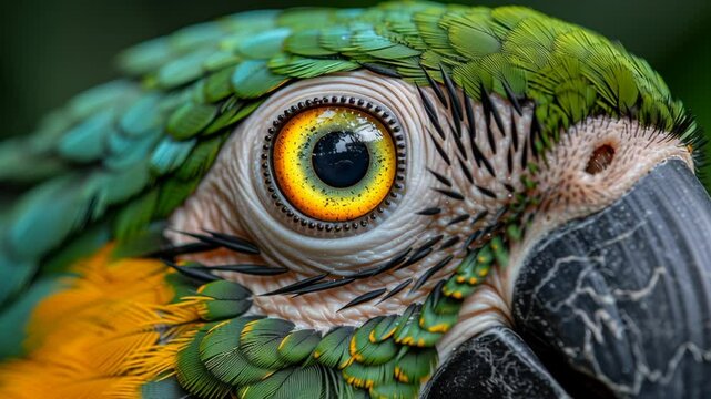 4K motion close-up of Ara ararauna parrot eye and colorful plumage for animal documentaries, biology classes, visual identity projects, tropical content, and exotic wildlife footage