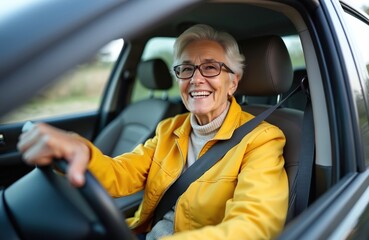 Happy senior woman drives car enjoying car ride. Safe driving for elderly adults. Older driver smiling with glasses. Person with seatbelt and confident on road, driving independently.