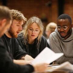 A group of actors reads through a script during a table rehearsal -.