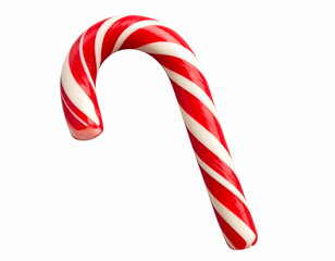 A classic red and white striped candy cane stands out against a clean white background, evoking festive holiday cheer.