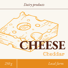 Cheese label. Design tags for packaging dairy products. Craft branding for natural cheeses. Cheddar hand-drawn in sketch retro style. Vector illustration.