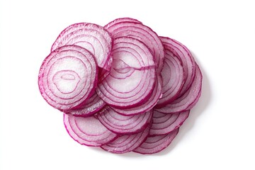 Sliced red onions stacked rings visible creating an overlapping pattern white background