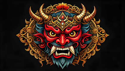 Naklejka premium Intricate and vibrant depiction of a powerful horned demon mask with golden embellishments