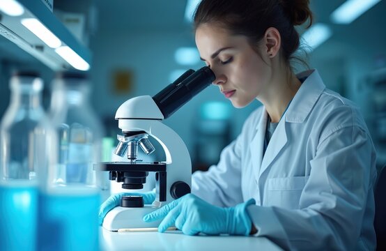 Young female scientist researches with microscope in lab. Healthcare, medical science, tech, innovation concept. Modern science, lab interior, blurred background, medical research, ai, modern tech.