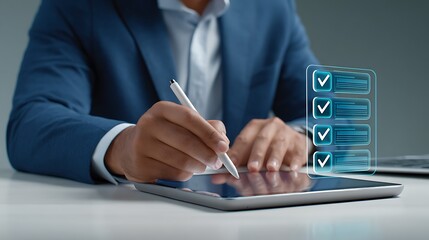 Businessman using a stylus on a tablet to complete a digital checklist with glowing checkmarks on a futuristic interface