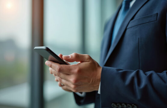 Unrecognizable businessman uses smartphone digital technology application. Person browsing mobile app. Executive wearing suit, using phone. Man holds mobile device. Tech, business, mobile - Powered by Adobe