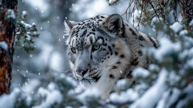 4K motion footage of snow leopard staring through snowy trees, perfect for environmental films, nature channels, zoology lessons, wildlife reels, and cold climate conservation content