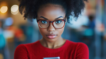 Empowered african american businesswoman engaging with smartphone in urban office environment