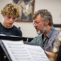A music teacher explains composition techniques to a student. -.