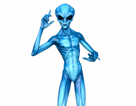 A striking blue alien with large dark eyes stands thoughtfully, emanating an aura of otherworldly intelligence.