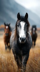 Fototapeta premium Majestic horses walking through golden grassland under a cloudy sky during autumn in a peaceful valley