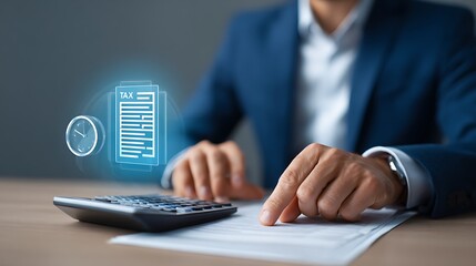 Businessman calculating taxes on documents with a calculator and a glowing digital tax form and clock icon symbolizing deadlines