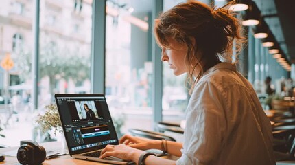 Focused young female video editor working on a creative project on a laptop in a modern home office. Content creation concept.

