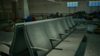 The terminal of an abandoned airport features disheveled seating areas and scattered luggage, reflecting a once busy travel hub now left in disrepair and silence.