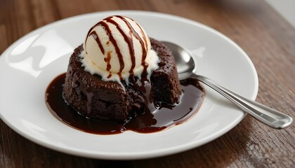 Small round chocolate lava cake with vanilla ice cream on top, drizzled in fudge sauce and melting into the center of its white plate