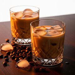 Elegant close-up of two crystal glasses filled with Irish cream liqueur, ice cubes gently clinking, scattered coffee beans nearby on a dark wooden table. Warm ambient lighting casts rich highlights