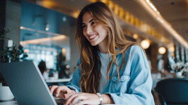 Focused young female video editor working on a creative project on a laptop in a modern home office. Content creation concept.

