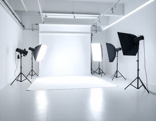 Modern, well-equipped photography studio with professional lighting setups and a pristine white backdrop.