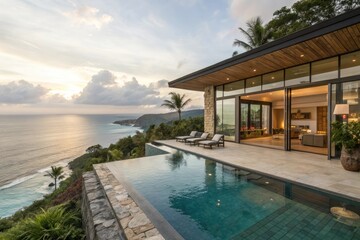 Luxury Construction hotel with Swimming Pool at sunset, Outdoor swimming pool in a luxury tropical hotel resort