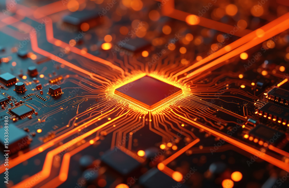 Aufkleber Abstract illustration of computer circuit board with vibrant orange glowing lines, processors. Digital tech, data transfer concept, high-tech processing in digital world. Futuristic technology