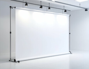 Spacious blank projection screen awaits your content in a brightly lit, modern exhibition hall.