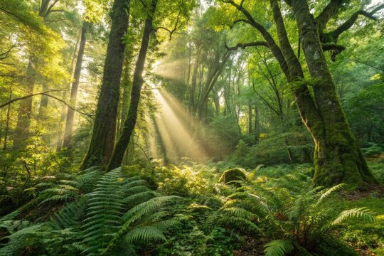 Early morning sunlight rays shining through misty forest trees. Silent Forest in spring with beautiful bright sun rays.