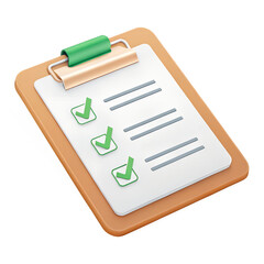 Modern 3d clipboard with green checkmarks, checklist paper and plastic clip, vector icon isolated