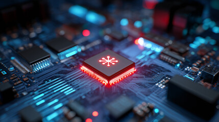 A Texas flagged microchip sits at the center of a circuit board, surrounded by glowing components, symbolizing role in technological innovation and semiconductor ...