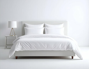 Obraz premium A pristine white bed with a minimalist design creates a serene and inviting atmosphere in a modern bedroom.