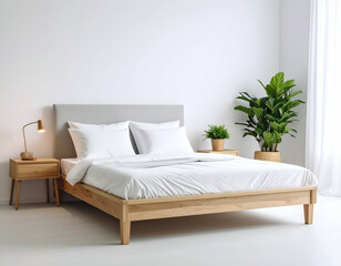 Bright and serene minimalist bedroom interior with a comfortable wooden bed and lush green plants.