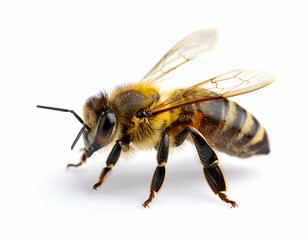A magnificent honey bee captured in sharp detail against a pristine white background.