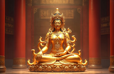 Golden statue of Mazu seated in temple. Chinese goddess with intricate details, radiating serenity, divine power. Representation of faith, spirituality, Asian culture.
