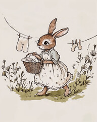 Vintage bunny rabbit illustration laundry basket clothesline spring flowers hand drawn cute animal art character nursery decor aesthetic countryside clipart retro woodland printable drawing girl dress