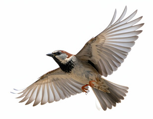 Obraz premium A majestic house sparrow soars gracefully through the air with wings outstretched against a bright background.