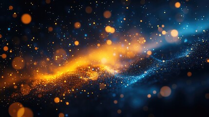 Yellow and blue particle texture background, vibrant abstract design with bright dust particles and energy flow effect