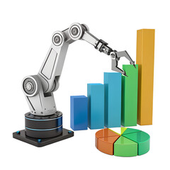 Robotic arm building business chart, modern 3d vector with glowing lights and matte steel finish, isolated on transparent background 