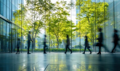 Glass office and working space with blurred people walking fast movement, Eco-friendly featuring sustainable building with green environment and trees, green environment in city