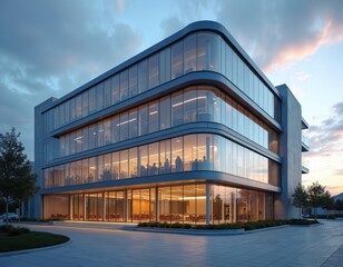 Obraz premium Modern hospital building with sleek glass, steel facade, curved lines, neutral tones. Exterior architecture exudes sophisticated cutting-edge healthcare. Modern office building with reflections of