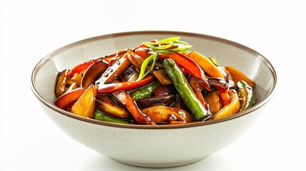 Sweet soy glaze cascading onto a bowl of stir-fried vegetables, its reflective surface adding depth and appeal, isolated on white background,