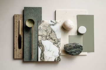Kitchen Interior Design Mood Board. A kitchen mood board featuring natural stone, textures, and color palettes for interior design inspiration.