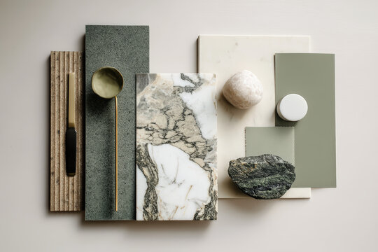 Kitchen Interior Design Mood Board. A kitchen mood board featuring natural stone, textures, and color palettes for interior design inspiration.